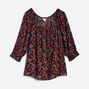 Mason & Belle 1X Black Floral Print Square Neck Top w/ 3/4 Length Sleeves NWT
